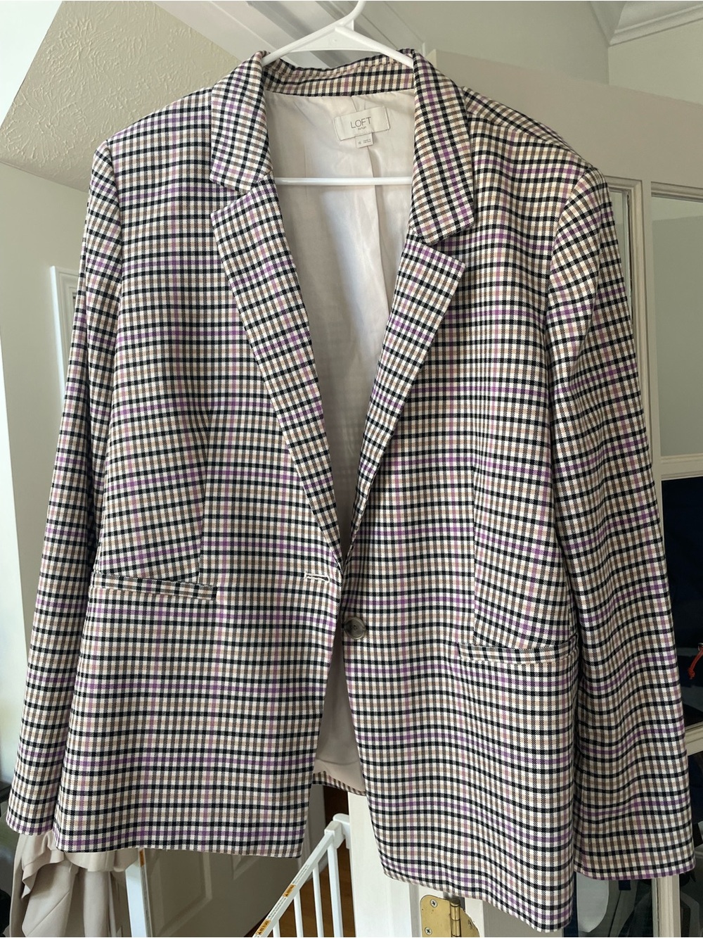 LOFT Cream and Purple Check Notch-Lapel Blazer